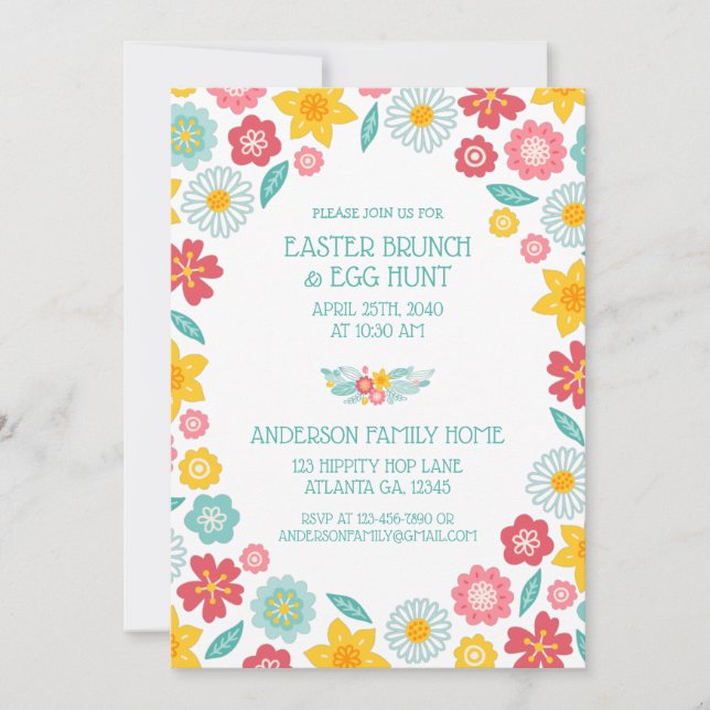 Convites Colorful Floral Pattern Easter Brunch Hunt (Frente)