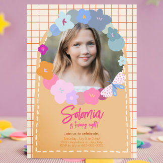 Convites Colorful Flower Photo Birthday Girl Invitation