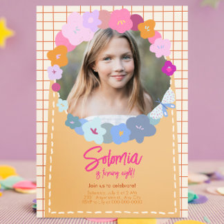 Convites Colorful Flower Photo Birthday Girl Invitation