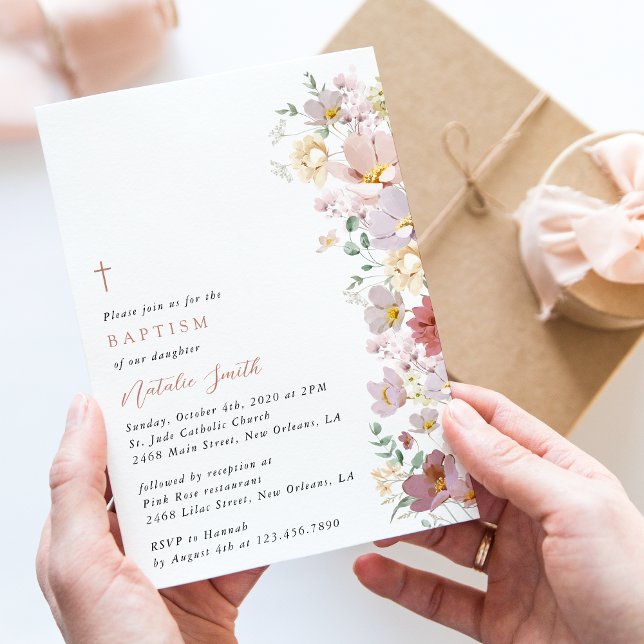 Convites Colorful Flowers, Wildflowers, Boho, Baptism (Criador carregado)