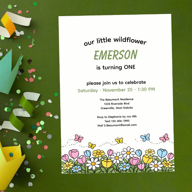 Convites Colorful Funny Little Wildflower 1st Birthday  (Criador carregado)