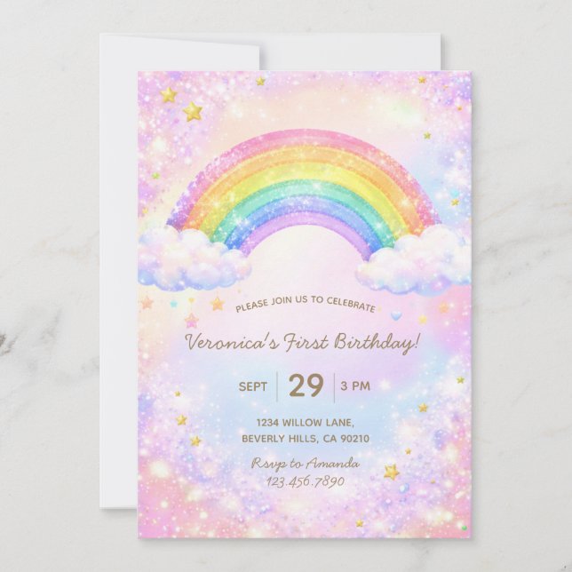 Convites Colorful Glitter Rainbow Girl Birthday Party (Frente)