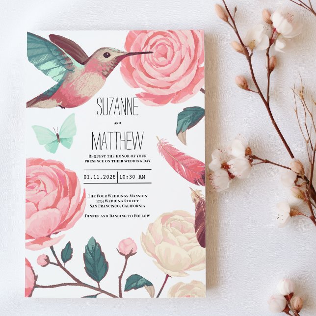 Convites Colorful Hummingbird Floral Spring Wedding (Colorful Hummingbird Floral Spring Wedding)