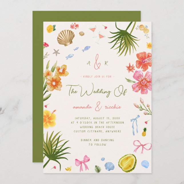 Convites Colorful Island Whimsical Beach Tropical Wedding (Frente/Verso)