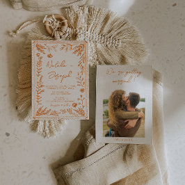 Convites Colorful Orange Hand Drawn Floral Photo Wedding