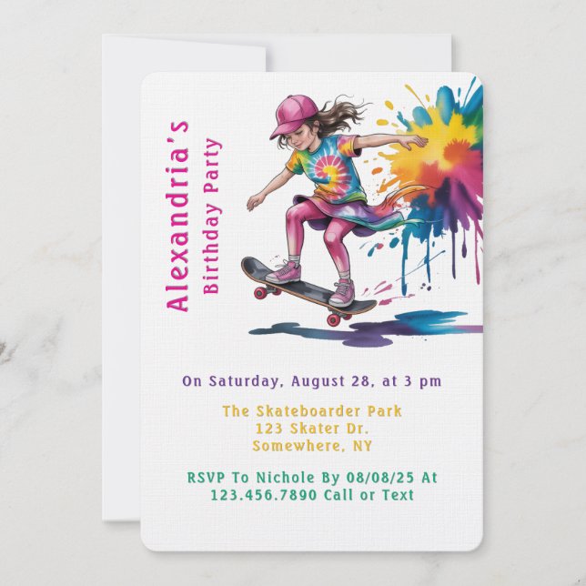Convites Colorful Painted Girl Skateboarder Birthday Party (Frente)