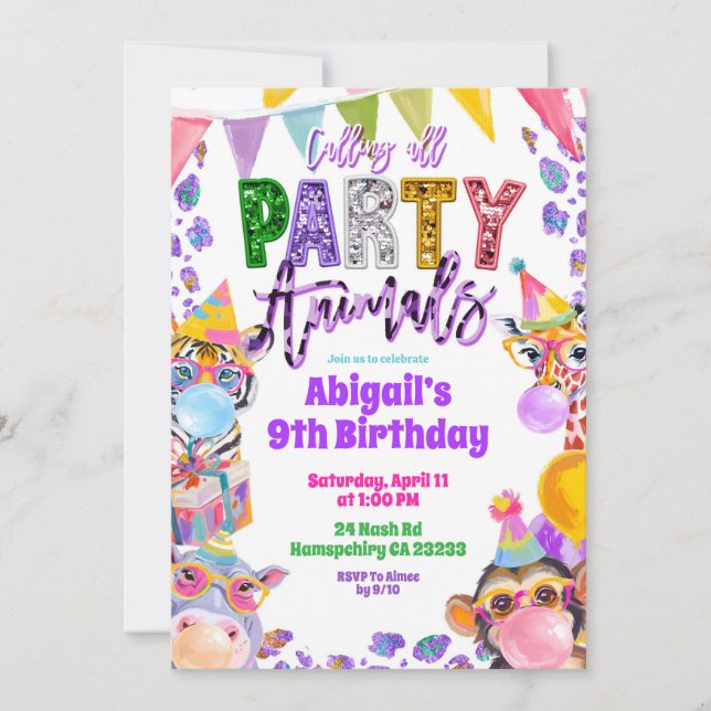 Convites Colorful Rainbow Sequin Glitter Safari Birthday (Frente)