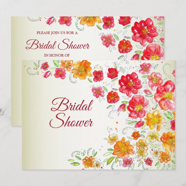 Convites Colorful Red Yellow Pink Floral Bridal Shower (Frente/Verso)