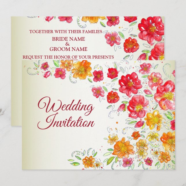 Convites Colorful Red Yellow Pink Garden Floral Wedding (Frente/Verso)