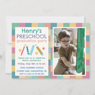 Convites Colorful Squares Photo Preschool Graduation