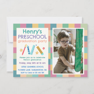 Convites Colorful Squares Photo Preschool Graduation