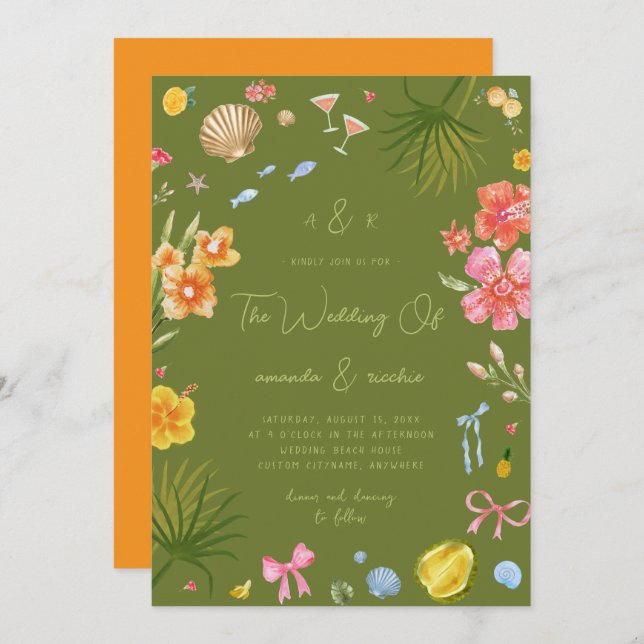 Convites Colorful Tropical Island Whimsical Beach Wedding (Frente/Verso)