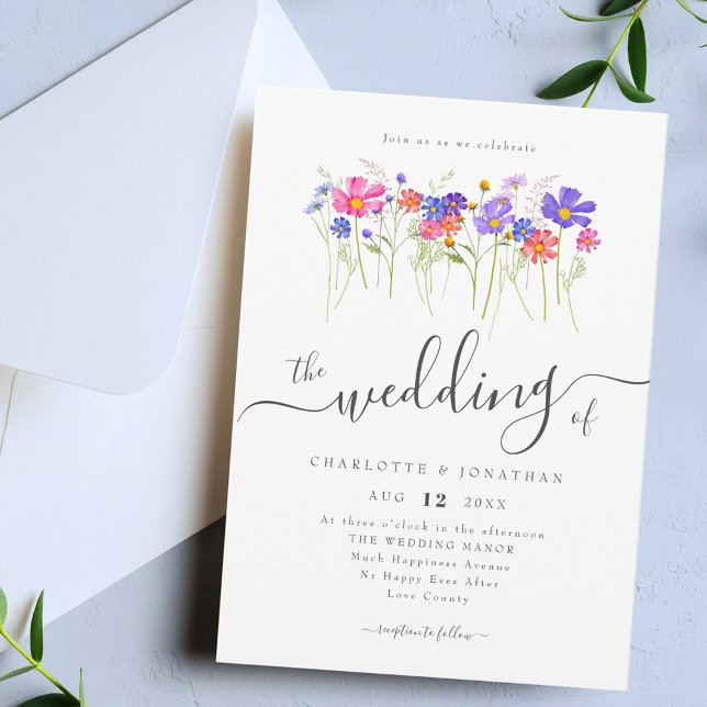Convites Colorful Vibrant Bold Wildflowers Wedding (Colorful Vibrant bold watercolor wildflower blue purple pink orange yellow wedding invitation )