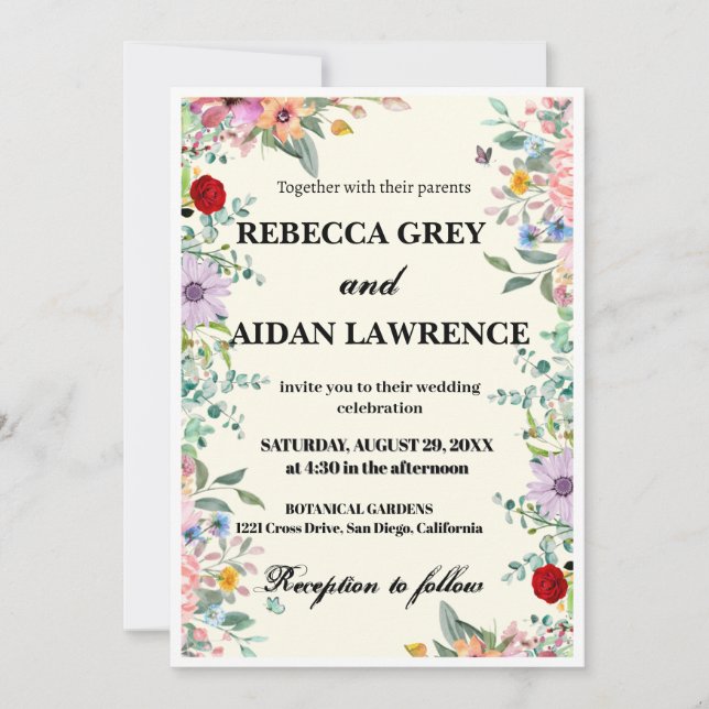 Convites Colorful Watercolor Floral Wedding Invitation – Cu (Frente)