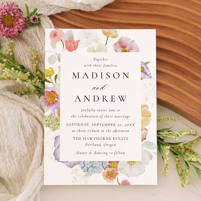 Convites Colorful Watercolor Wildflower Wedding (Criador carregado)