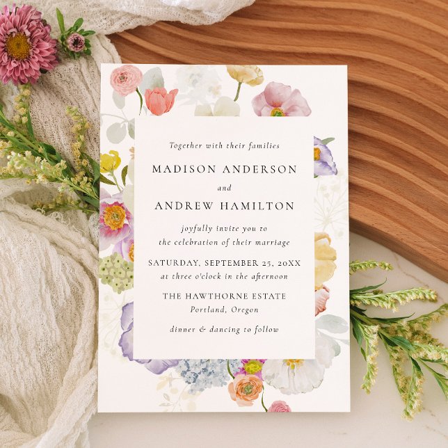 Convites Colorful Watercolor Wildflower Wedding Invitation (Criador carregado)