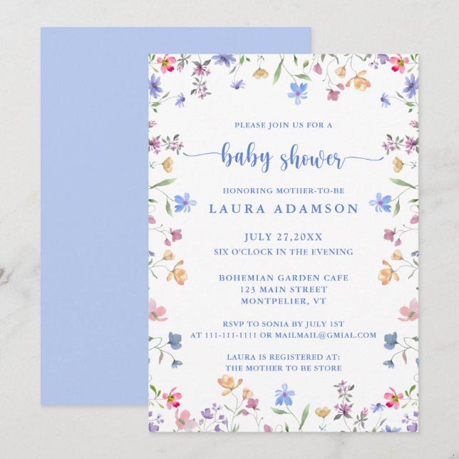 Convites Colorful Watercolor Wildflowers Blue Baby Shower (Frente/Verso)