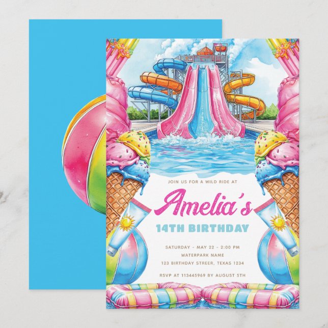 Convites Colorful Waterpark Birthday (Frente/Verso)