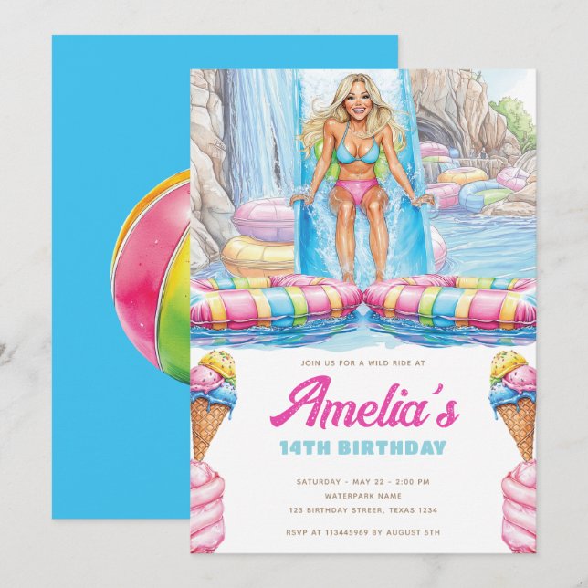 Convites Colorful Waterpark Girl Teen Birthday (Frente/Verso)