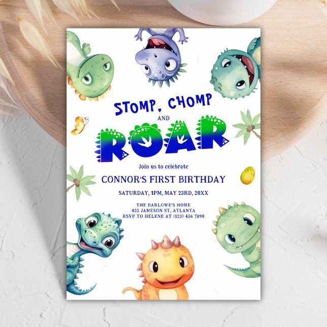 Convites Colorida Aquarela Dinossauro Primeira Festa de ani (Colorful Watercolor Dinosaur First Birthday Party Invitation)