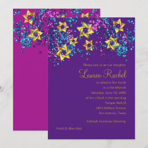 Convites Colorida Bat Mitzvah, Dourada Estrela Glittery Con
