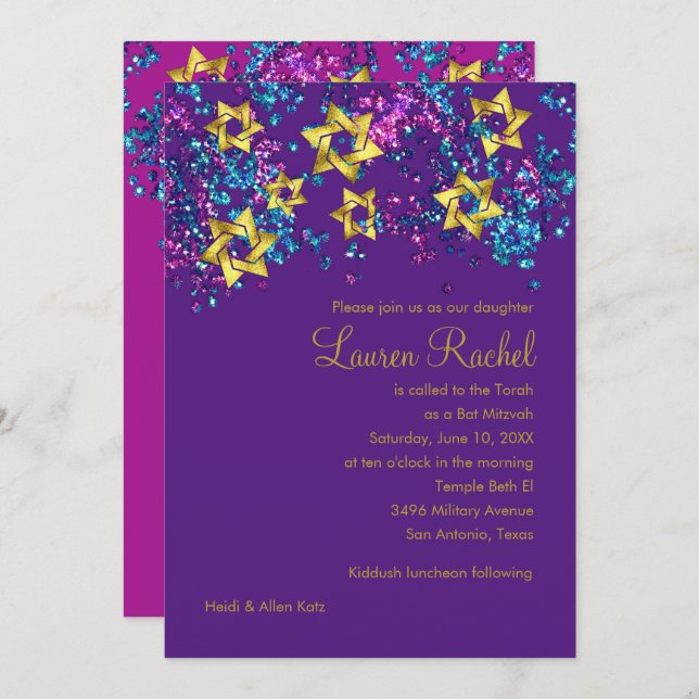 Convites Colorida Bat Mitzvah, Dourada Estrela Glittery Con (Frente/Verso)