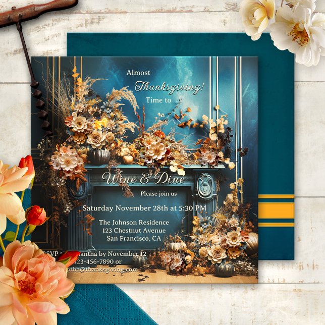 Convites Colorida Boho Chic Festa de Ação de Graças (Whimsical boho chic Thanksgiving dinner party invitation, featuring flowers in a retro style room)