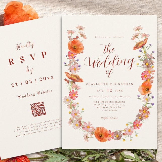 Convites Colorida Boho Wildflower Casamento outono (Elegant Boho wildflower wedding qr code invitation )