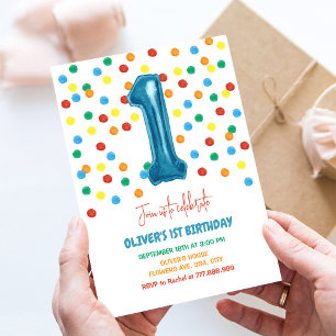 Convites Colorida Confetti Um primeiro aniversario de Balõe