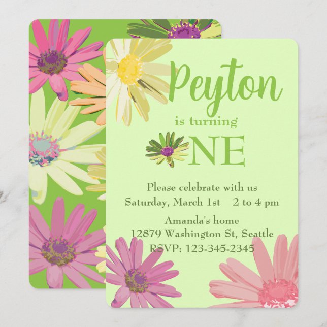 Convites Colorida Daisy Primeiro Aniversário (Frente/Verso)