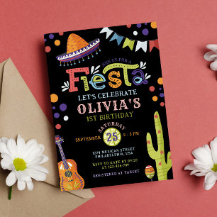Convites Colorida Festa Mexicana Primeiro Aniversário Preto
