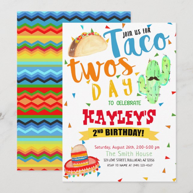 Convites Colorida Fiesta Watercolor - segundo aniversário d (Frente/Verso)