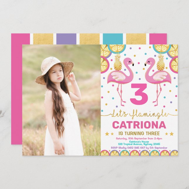 Convites Colorida Flamingo Party Tropical Luau Birthday (Frente/Verso)