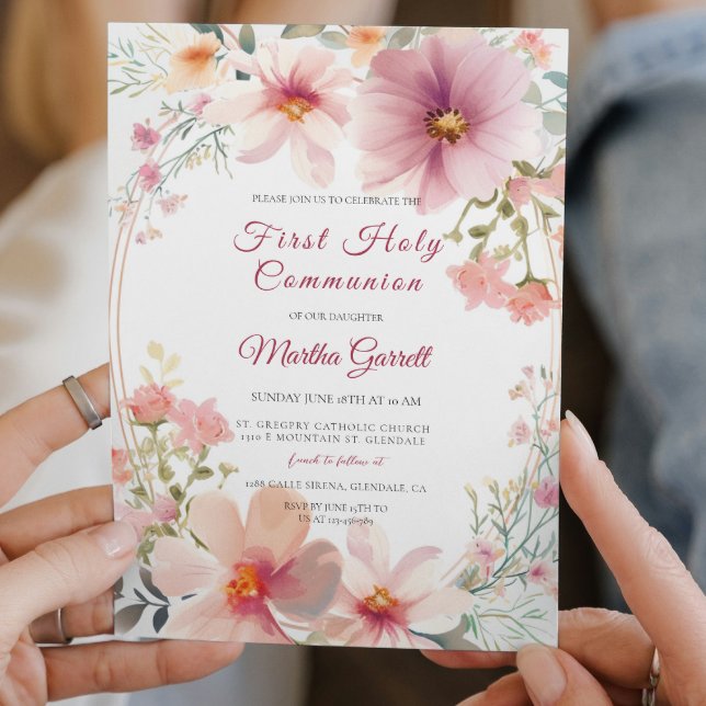 Convites Colorida Flores Primeira Comunhão Sagrada (Criador carregado)