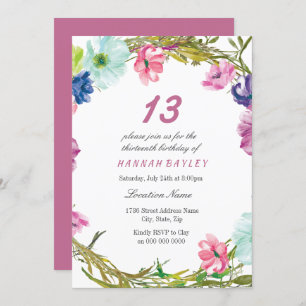 Convites Colorida Flores Rosa, 13 Festa de aniversário Meni