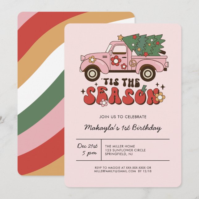 Convites Colorida Groovy Retro Natal Aniversário (Frente/Verso)