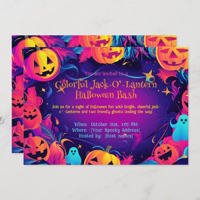 Convites 🎃 Colorida Jack-O’-Lanterna Bash Halloween (Frente/Verso)