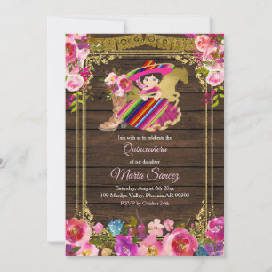 Convites Colorida Madeira Charro Floral Rosa Quinceañera