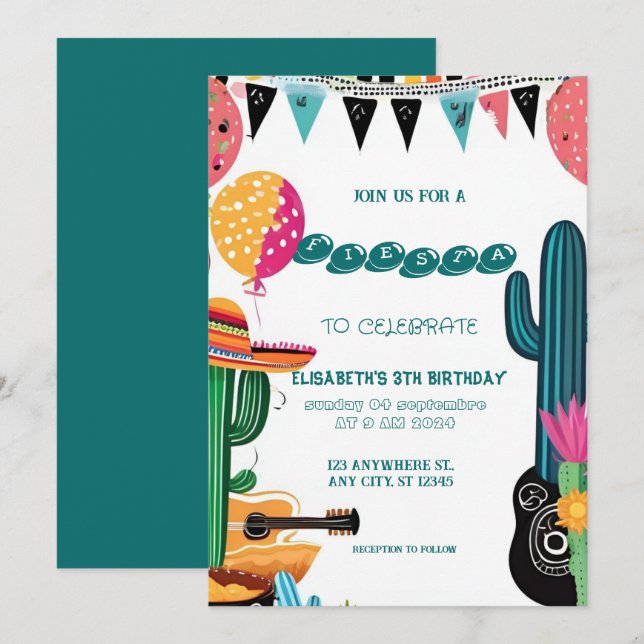 Convites Colorida mexicana Fiesta Birthday (Frente/Verso)
