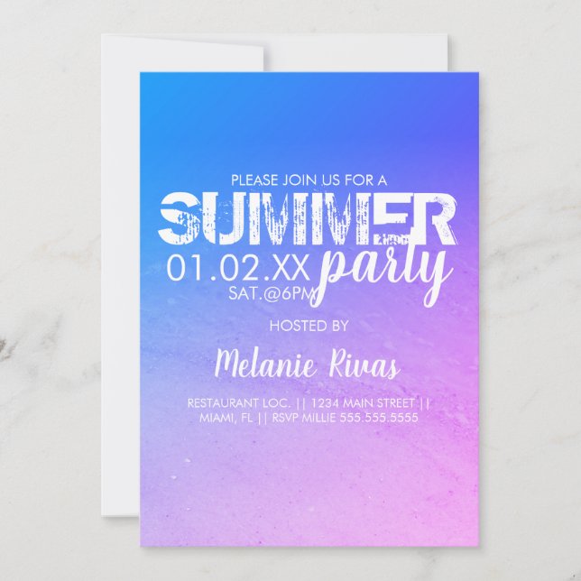 Convites Colorida Summer Birthday Beach Party Blue Pink (Frente)