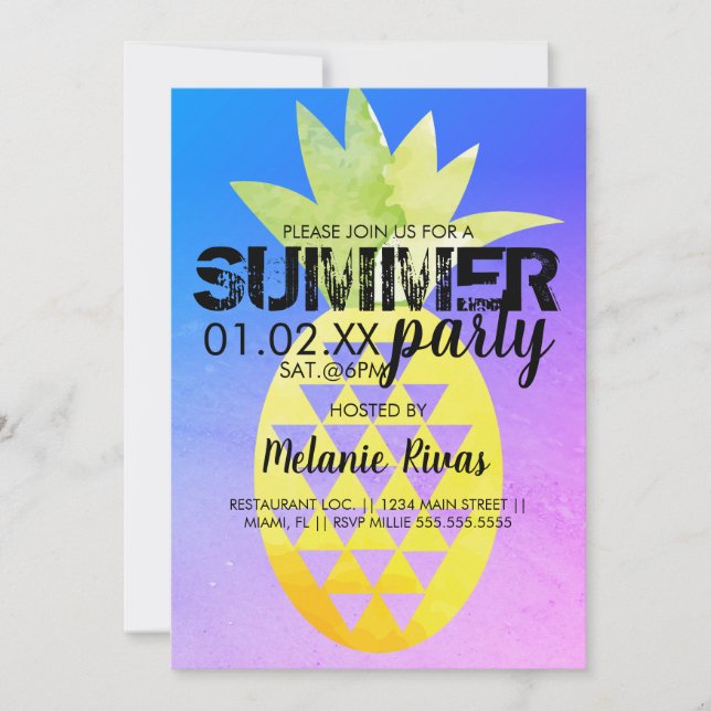 Convites Colorida Summer Birthday Beach Party Pineapple (Frente)