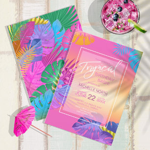 Convites Colorida Tropical Leaves Sunset Birthday ID575