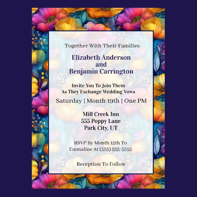 Convites Colorida Vibrante Flor de Papoula Casamento (Colorful vibrant poppy flower wedding invitation with elegant floral border )