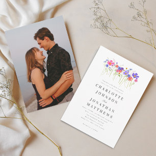 Convites Colorida Vibrante Foto Boho de Casamento com Flore