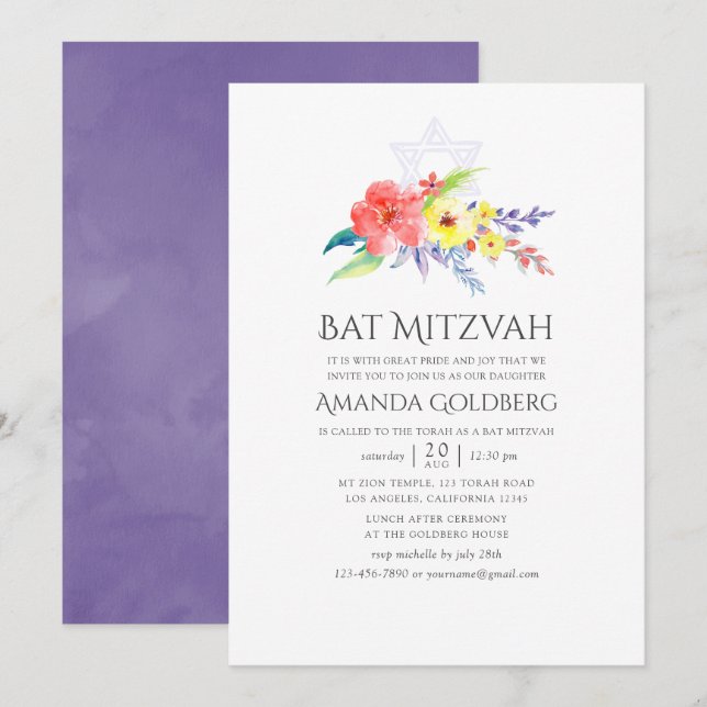 Convites Colorida Watercolor Floral Bat Mitzvah (Frente/Verso)