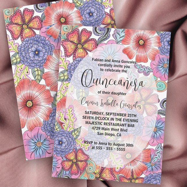 Convites Coloridas Flores Detalhadas e Folhas Quinceañera (Criador carregado)