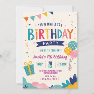 Convites Colorido Balões de Bunting Aniversário Infantil