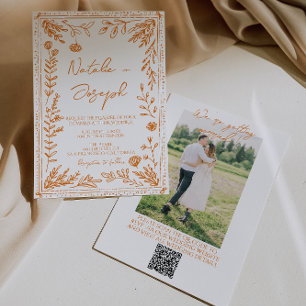 Convites Colorido Código QR de Foto Floral Desenhada Laranj