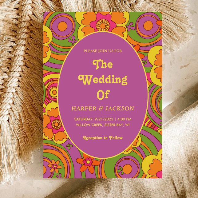 Convites Colorido Floral Ousado Casamento Retrô Hippie dos  (Criador carregado)
