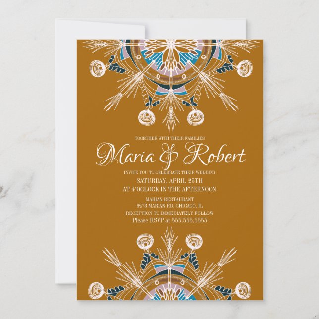 Convites Colorido Mandala Boêmio Mostarda Casamento Boho (Frente)